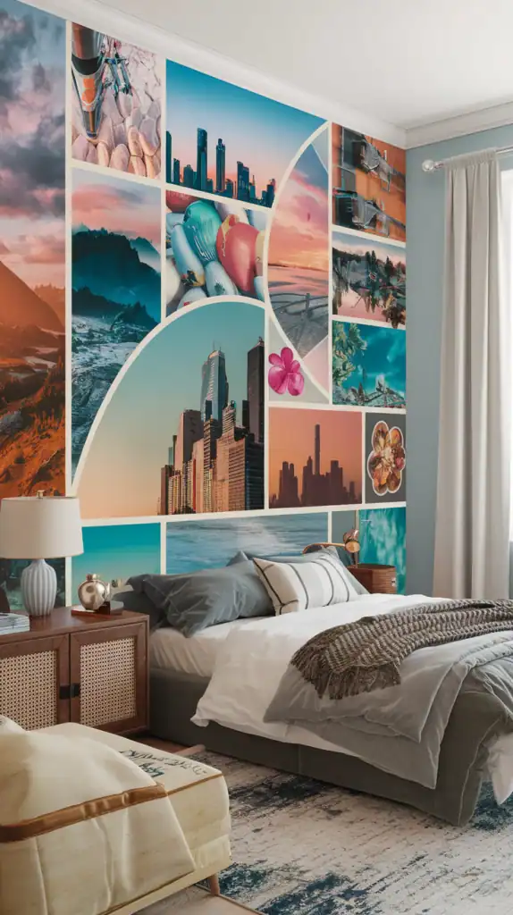 A vibrant photo collage wall mural featuring qvarious images and a cozy bedroom setup.
