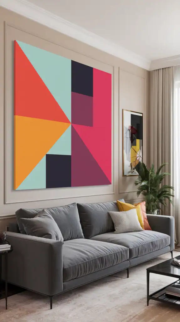 A vibrant giant geometric canvas art piece displayed above a modern gray sofa in a stylish living room.