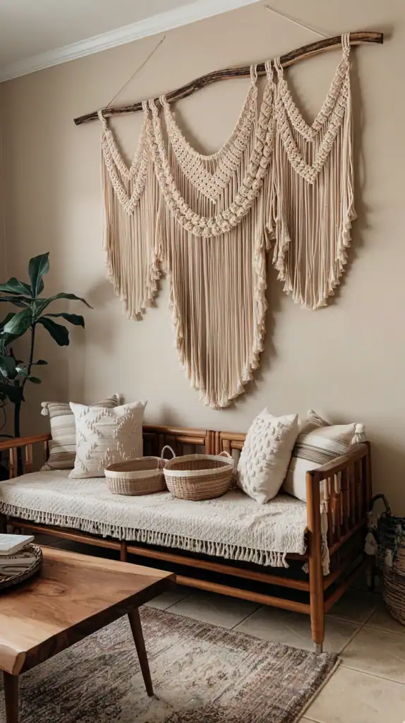 Large macrame wall hanging above a sofa with decorative pillows and baskets