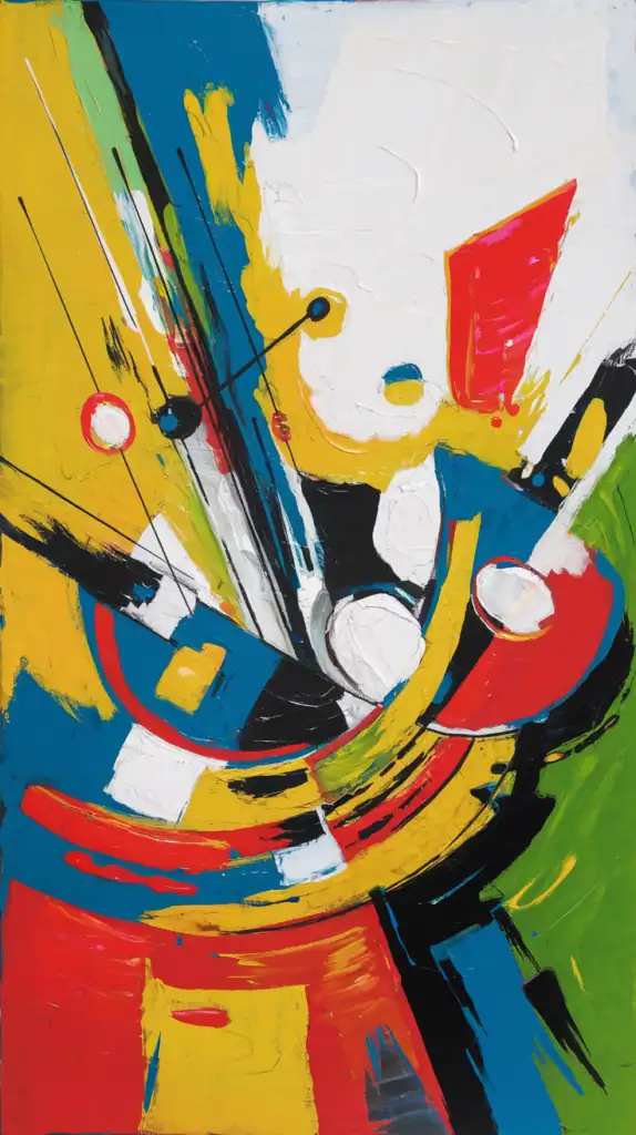 A bold abstract painting featuring bright colors and dynamic shapes on a large canvas.