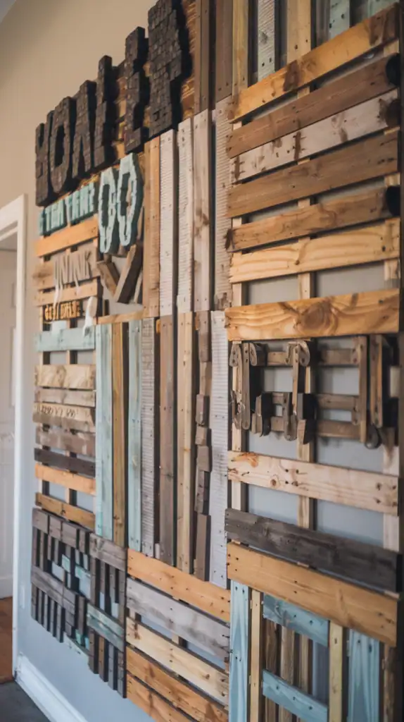 Wood pallet art installation with various wood tones and textures on a wall