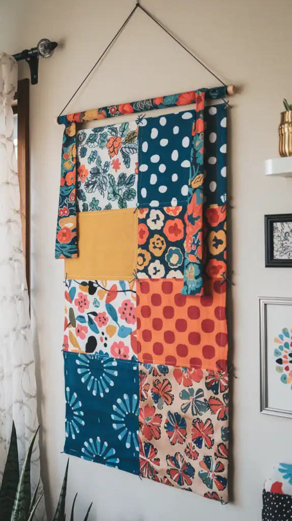 Colorful DIY fabric wall hanging made with various patterned fabrics.