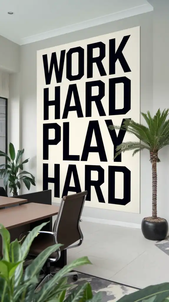 A modern office space featuring a large typography wall art that reads a playful text with a desk and chairs in the foreground.