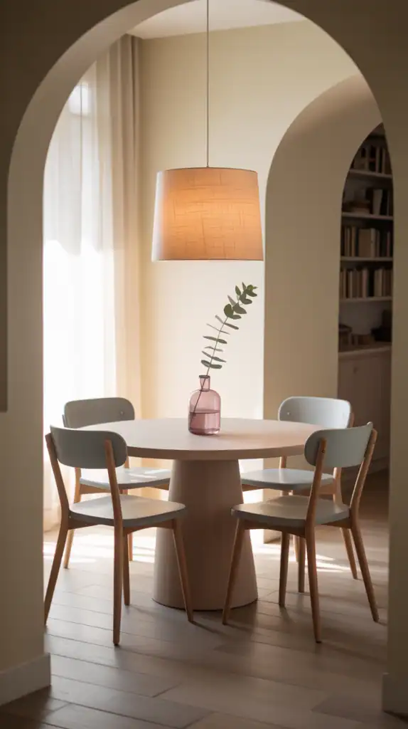A cozy dining nook featuring a round wooden table, soft chairs, and a warm pendant light in a minimalist Scandinavian design.