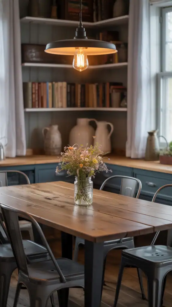 A rustic farmhouse dining nook with a wooden table and black chairs, featuring decorative items on shelves and a pendant light overhead.