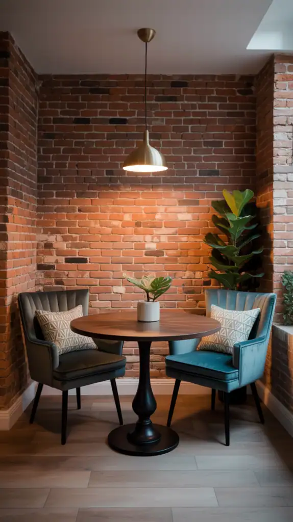 Cozy industrial chic dining nook with exposed brick wall, modern lighting, and stylish seating.