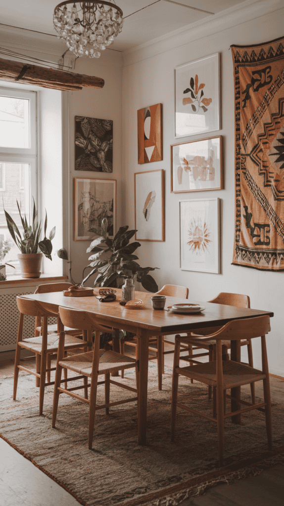A boho dining room with various framed artworks and a tapestry on the wall, featuring a wooden dining table and chairs.