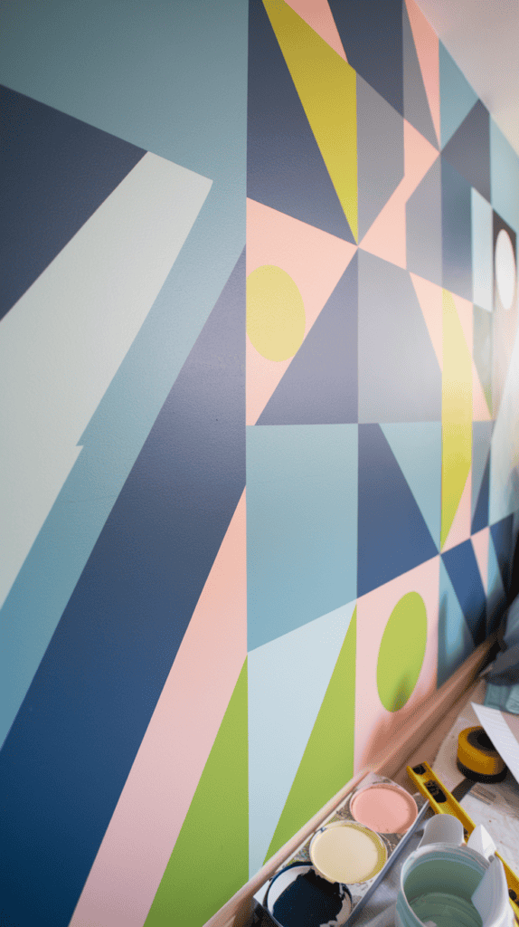 Feature a close-up of a bedroom wall with colorful geometric shapes created using painter’s tape. Include tools like paint samples and a level nearby.