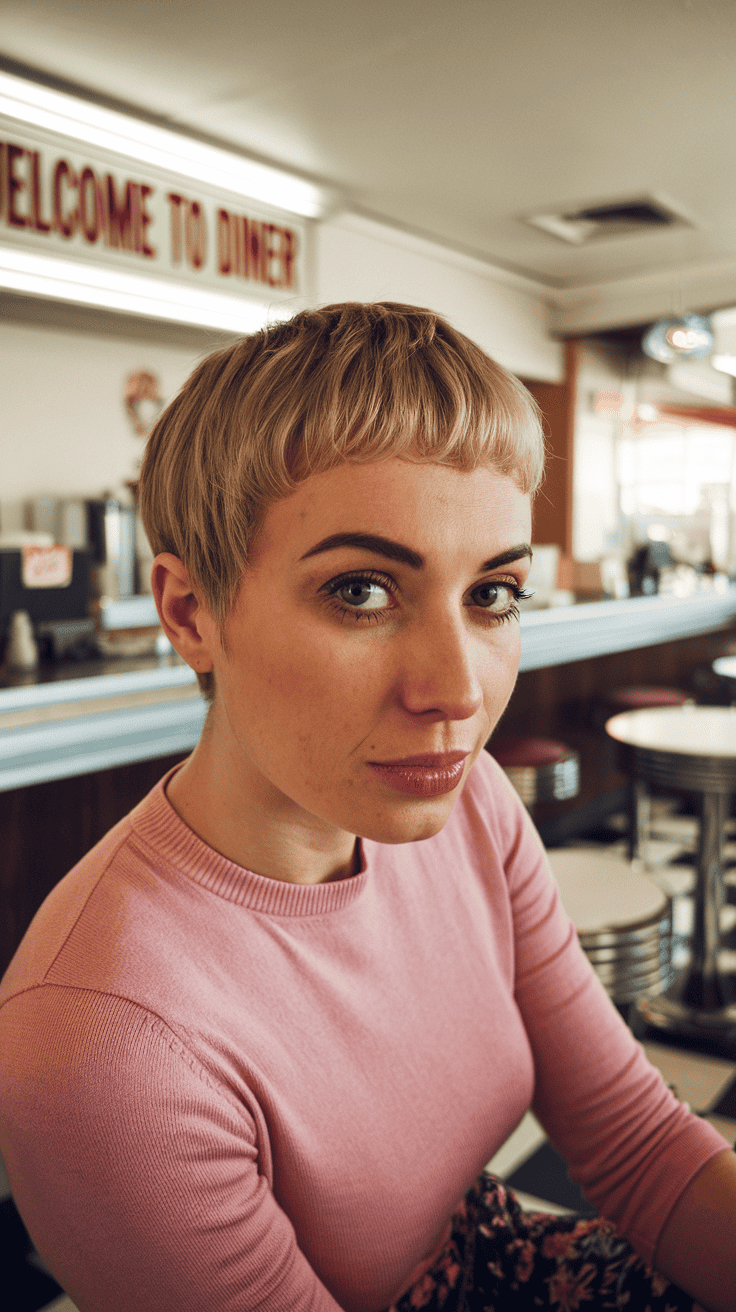 A woman with a retro-inspired pixie haircut, wearing a pink sweater and a floral skirt, standing in a vintage diner setting.