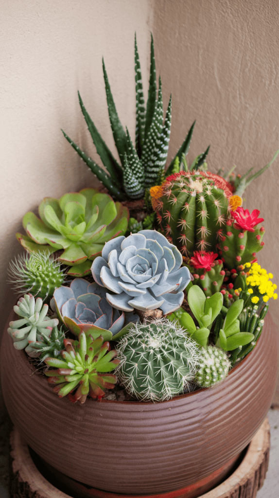 A corner flower bed featuring a variety of succulents and cacti arranged with colorful textures and shapes.