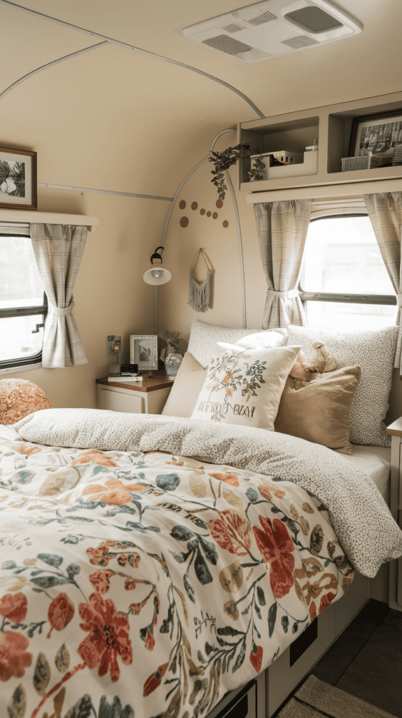 Cozy bedroom in a small camper with floral bedding and decorative pillows