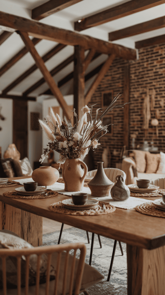 A cozy boho dining room with a wooden table set with handcrafted decor items including a vase of dried flowers and unique pottery.