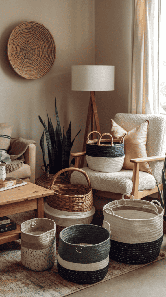 An assortment of decorative storage baskets in various sizes and materials, displayed in a cozy living space.