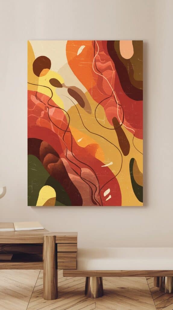 A nature-inspired abstract art piece featuring warm colors and organic shapes, displayed in a minimalist room.