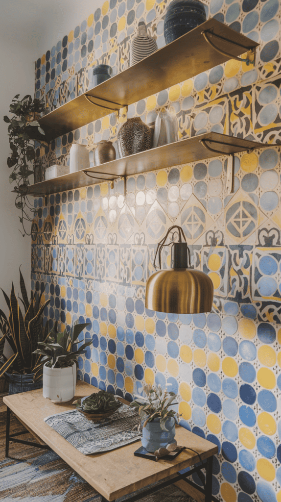 Eclectic Accent Wall with Moroccan Tiles and Brass AccentsShow a colorful Moroccan-tiled wall with floating brass shelves, lush plants, and modern lighting in a boho-modern space.