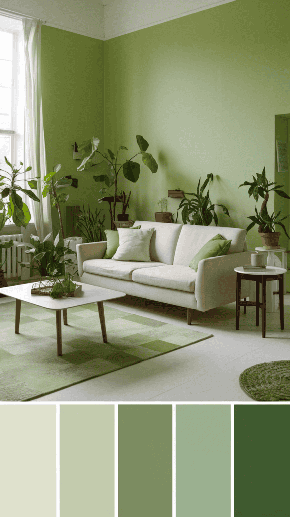 Bright living room with green walls, beige sofa, and plants.  At the bottom of the photo is a color swatch.