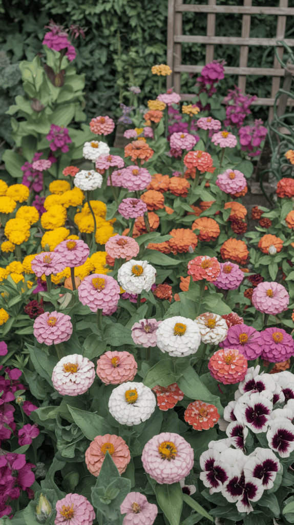 Colorful flower bed with zinnias, marigolds, and other seasonal blooms.