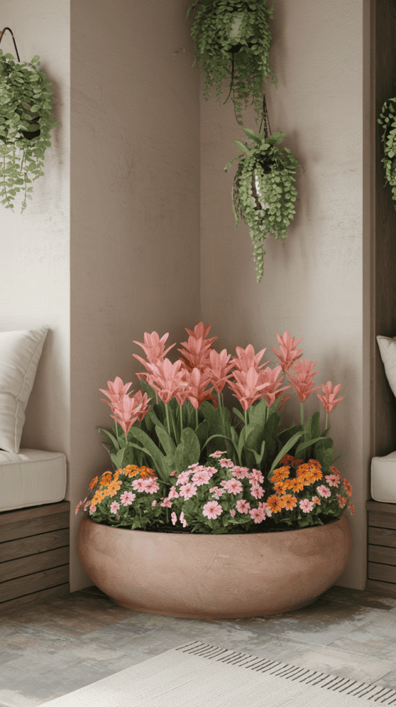 A corner flower bed with pink and orange flowers in a rounded planter against a neutral wall.