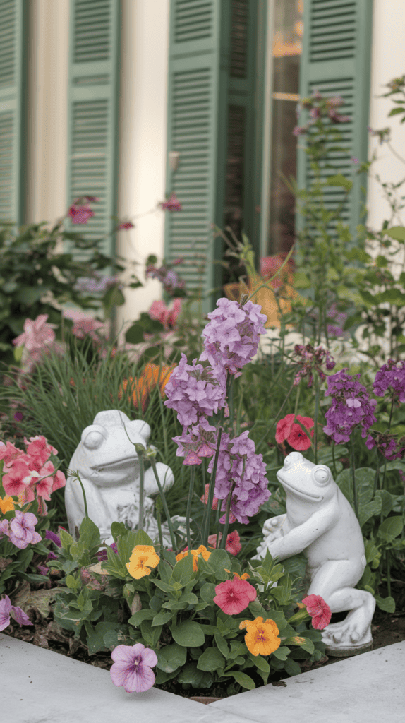 A corner flower bed with white garden statues and colorful flowers.