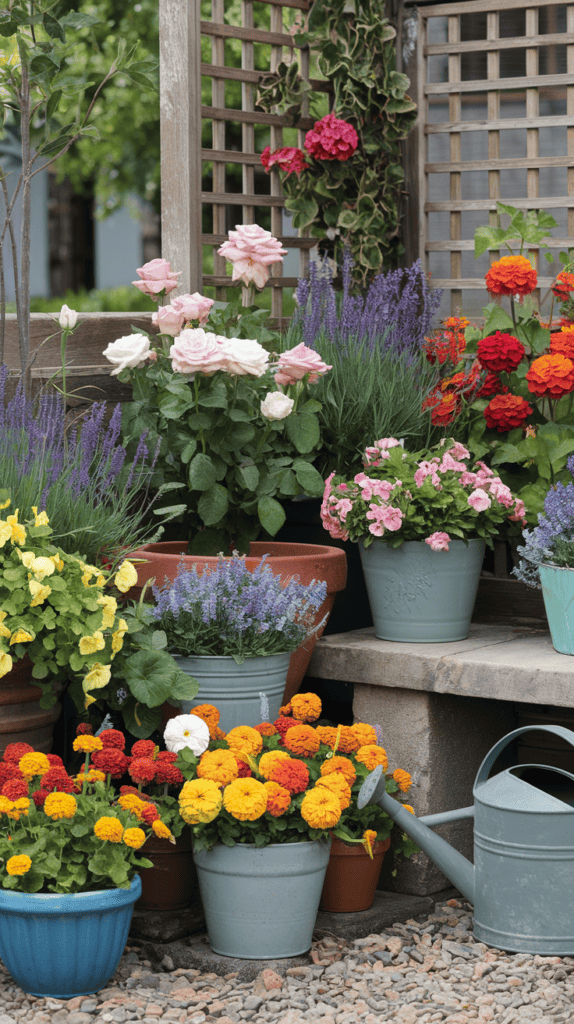Colorful assortment of potted flowers in a corner garden setting.