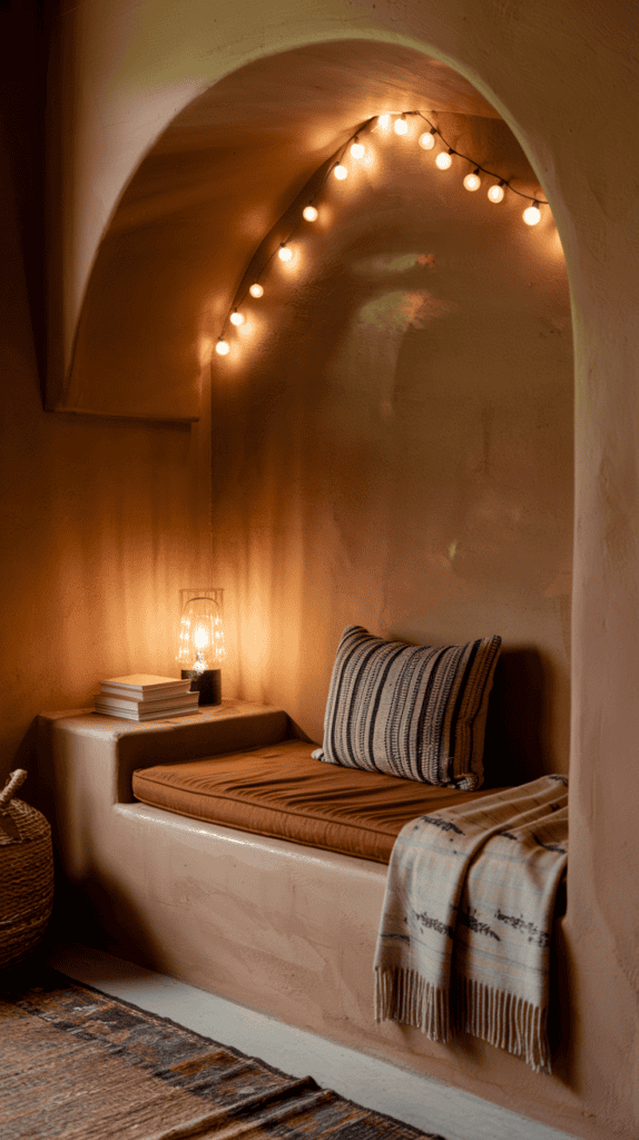 Warm Terracotta Wall Behind a Cozy Reading NookShow a cozy corner with a terracotta accent wall, a built-in bench with cushions, a throw blanket, and a small side table with books.