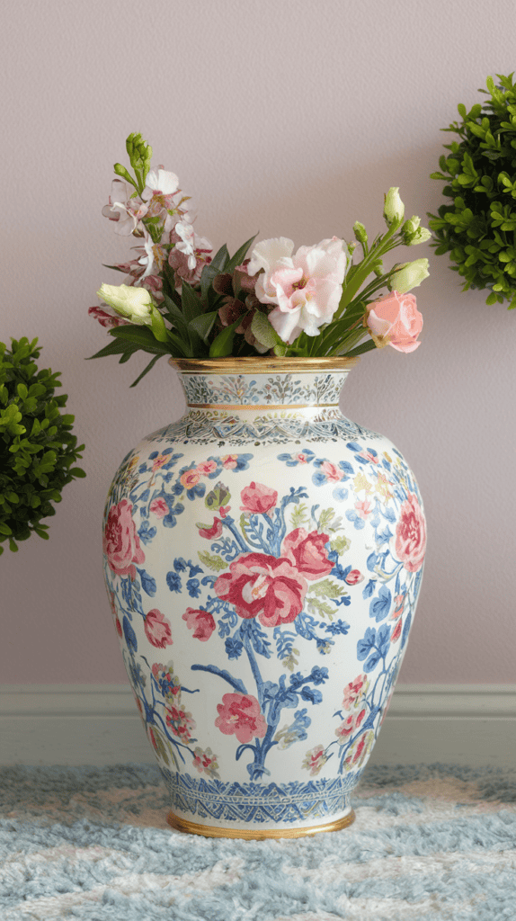 A decorative vase against a light pink wall with two small plants beside it.