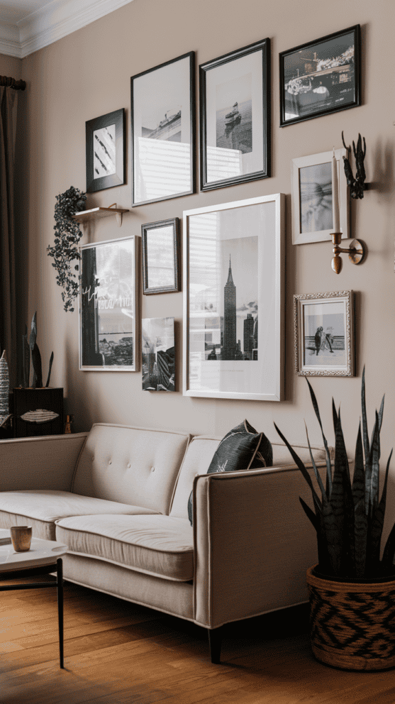 Gallery Wall of Travel Photos Above a CouchPresent a curated gallery wall of black-and-white travel photos in mixed frames above a neutral sofa. Include small decor items for depth.