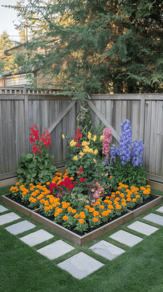 A geometric flower bed design with colorful flowers arranged in a square shape.