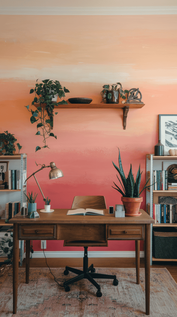 Ombre Painted Accent Wall in a Calm Office SpaceVisualize a soft ombre transition from light peach to coral on a home office wall with a wooden desk and greenery.