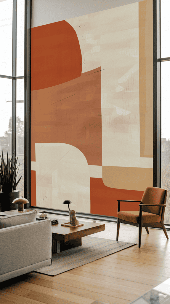 A modern living room with large floor-to-ceiling windows. The room features a large, abstract wall art with bold geometric shapes in shades of orange, white, and beige. In the foreground, there's a comfortable-looking gray sofa, a wooden coffee table with a few items on it, and a wooden chair with a mustard-colored cushion. The flooring is made of light-colored wooden planks. A potted plant with long green leaves is placed near the window, and a small black lamp sits on the coffee table.