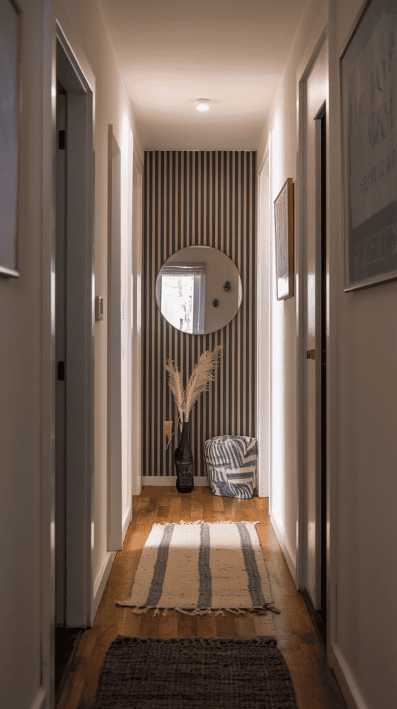 Small Space with Vertical Striped Accent WallHighlight a narrow hallway or powder room with vertical stripes that visually extend the height of the room, styled with a mirror.