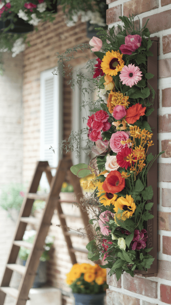 A vertical flower planter with colorful flowers in a tall arrangement, showcasing various blooms and greenery.