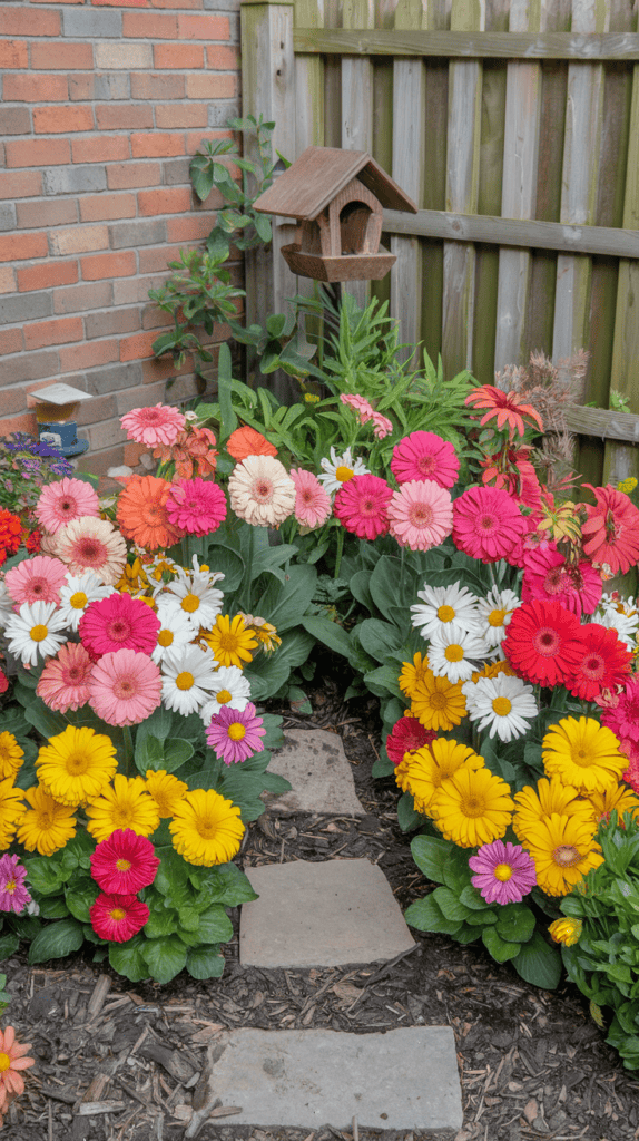 A vibrant corner flower bed filled with various colorful flowers, including gerberas and daisies.