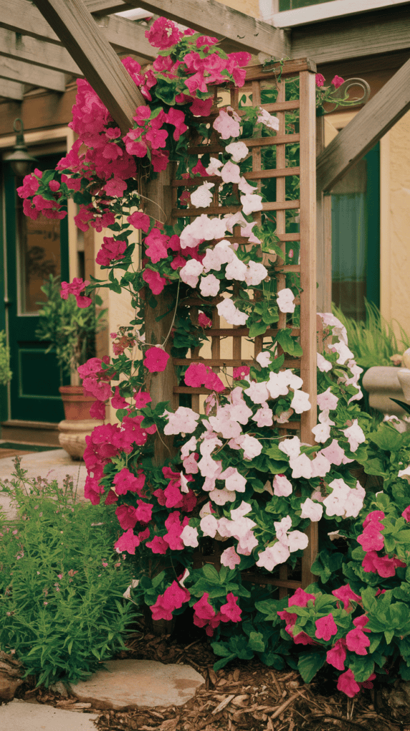 A vibrant corner flower bed with flowering vines climbing a trellis, showcasing pink and white flowers.
