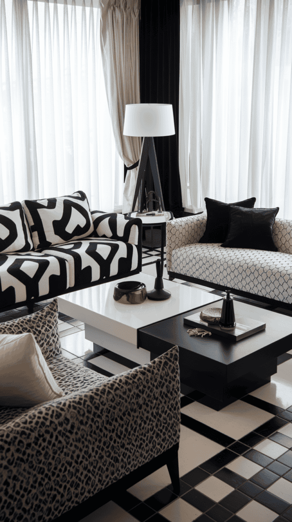 A stylish living room showcasing black and white decor with patterned sofas and a sleek coffee table.