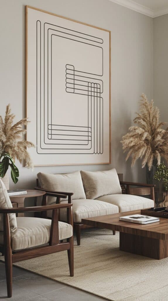 A stylish living room featuring a large abstract line drawing on the wall, a cozy sofa, wooden furniture, and decorative plants.