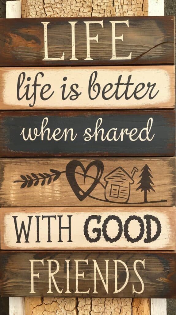 Layered wooden wall art with natural tones and casual text.