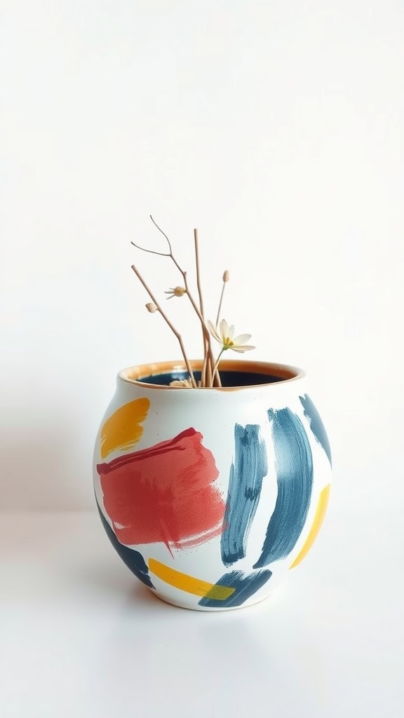 Ceramic plant pot with abstract brush strokes in red, blue, and yellow