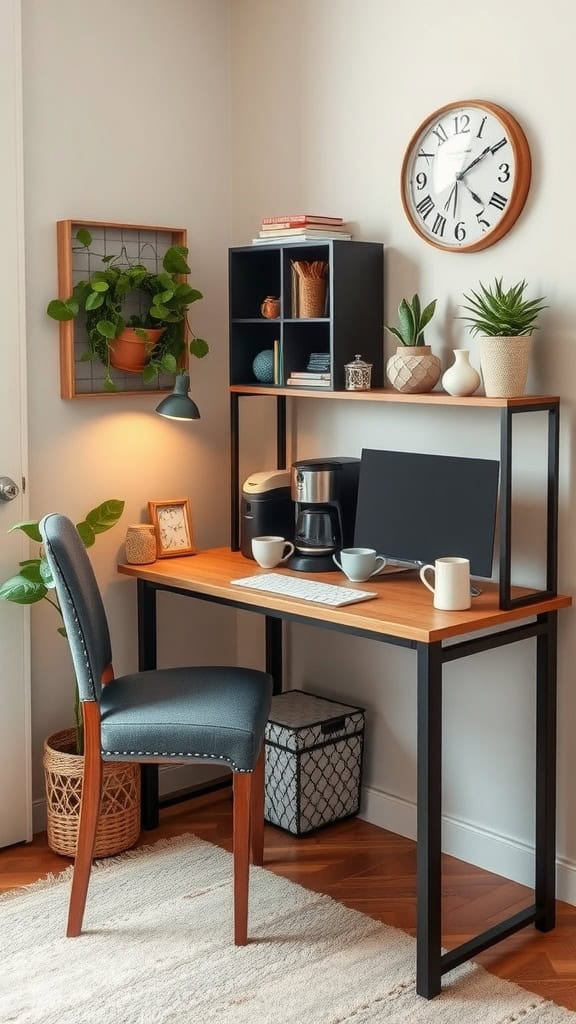 A cozy home office with a small coffee station, featuring a coffee maker and plants.