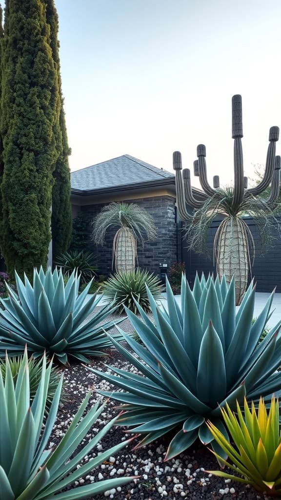 Modern front yard with architectural plants including tall cacti and agaves.