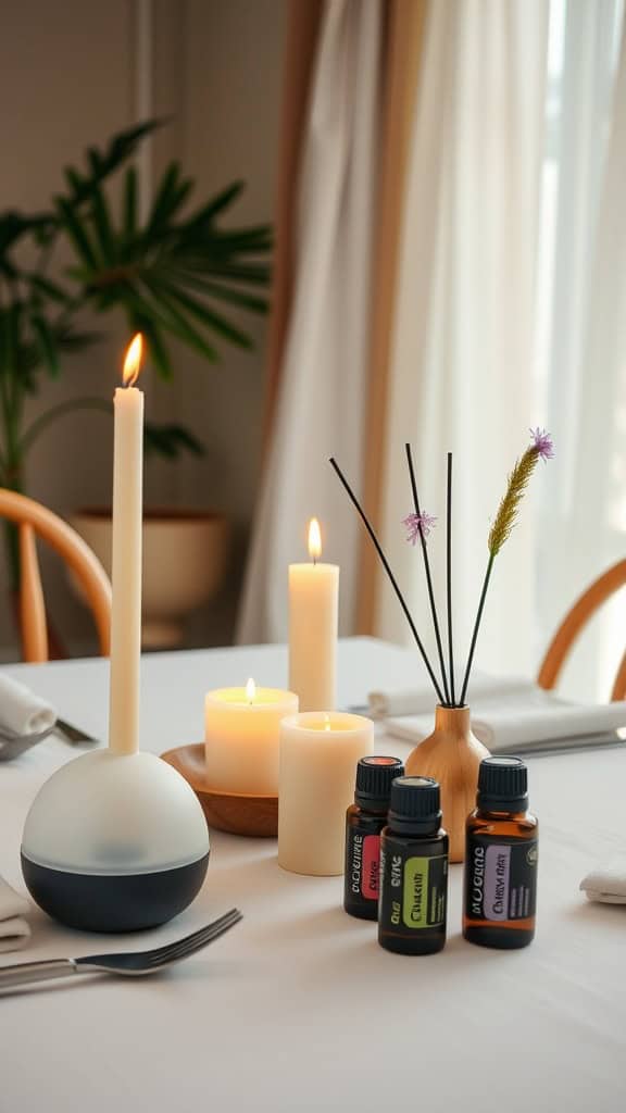 A cozy boho dining table with candles and essential oils, creating a warm inviting atmosphere.
