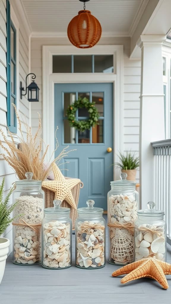 A beach-inspired front porch decor featuring glass jars filled with seashells and sand, a wicker basket, and a starfish.
