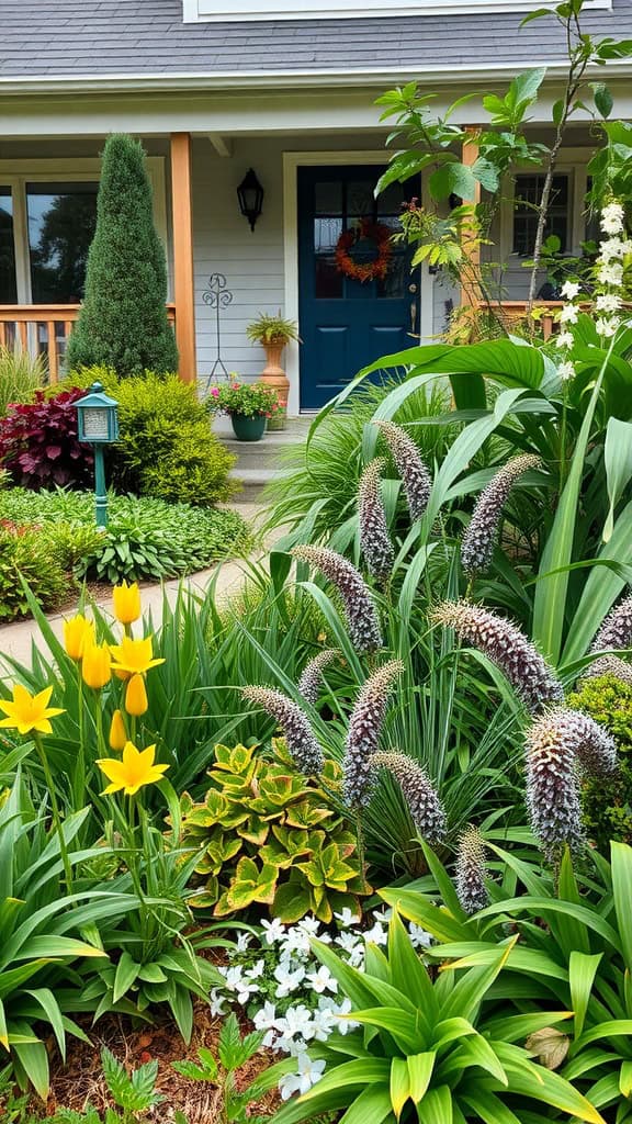 A beautiful front yard with diverse plants, including yellow tulips, green foliage, and unique flowers.