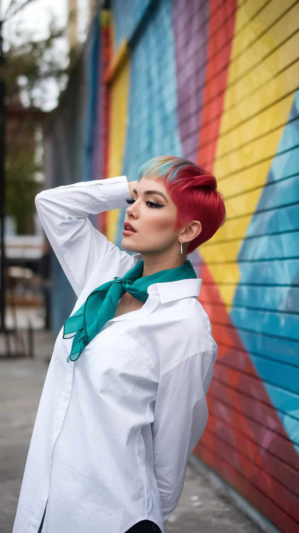 A model with a bold pixie haircut featuring red and blue colors, wearing a white shirt and a teal scarf, posed against a colorful mural.