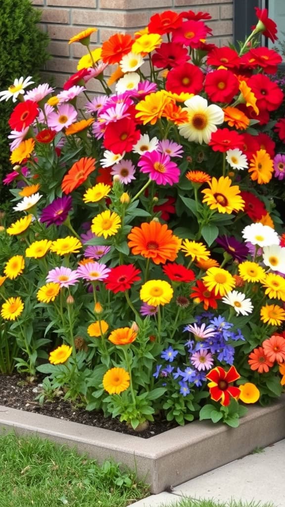 A vibrant corner flower bed filled with colorful annual flowers, including red, yellow, pink, and purple blooms.