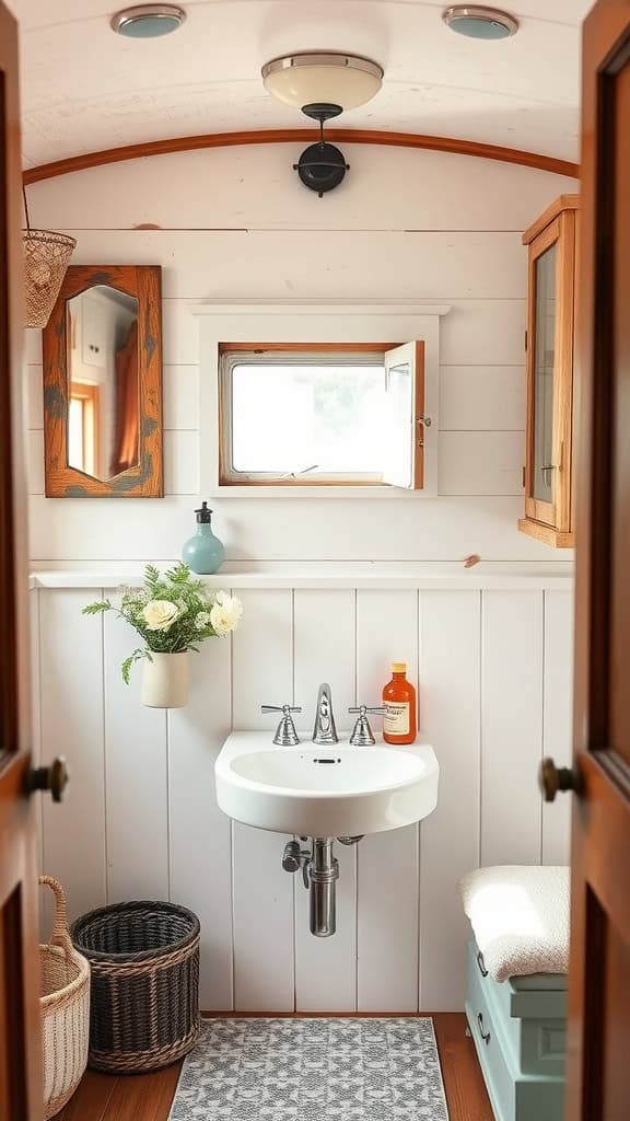 Bright bathroom interior with a modern sink, vintage mirror, and shabby chic accents.