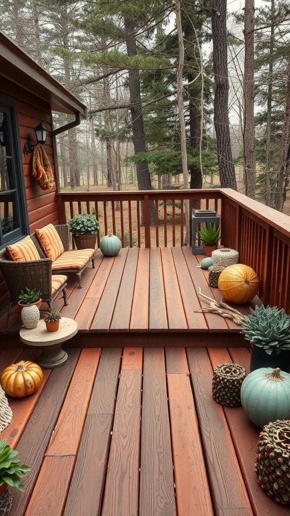 A cozy deck stained in burnt umber, surrounded by trees and decorated with pumpkins and plants.