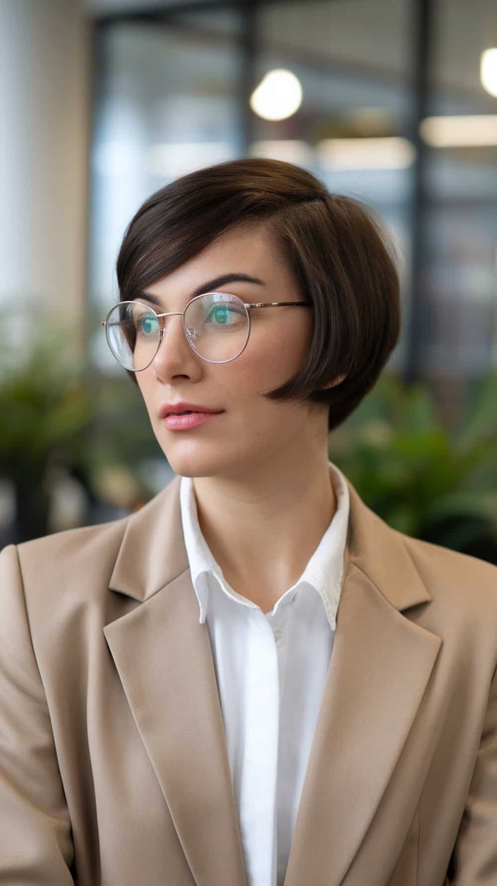 A woman with a short bob hairstyle wearing glasses and a professional outfit, looking confidently in a modern office setting.