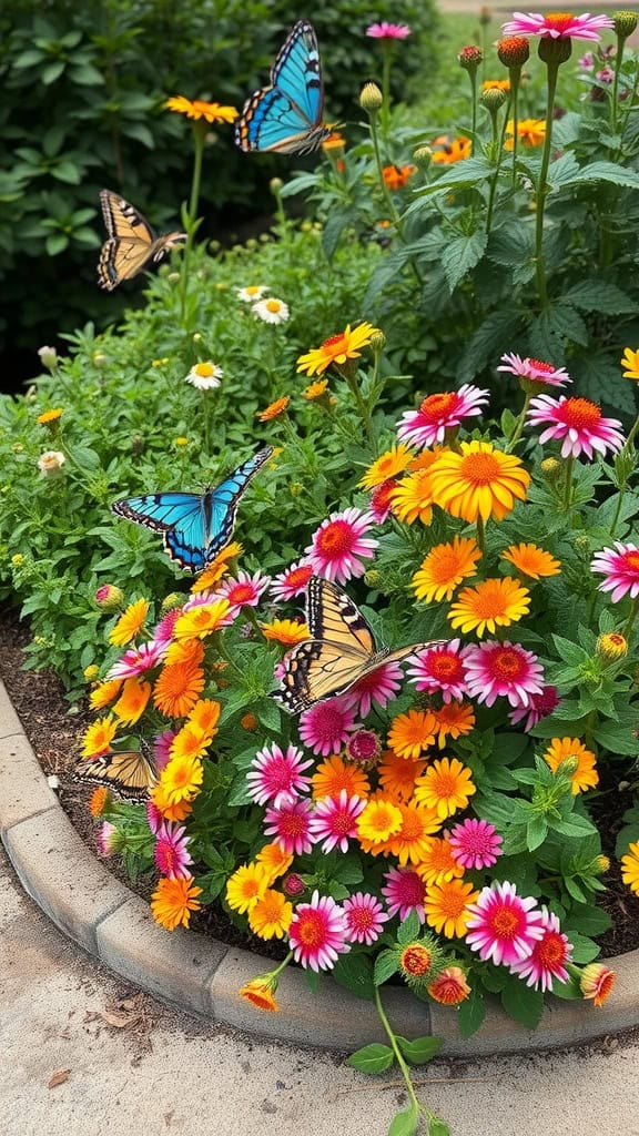 A colorful flower bed with various flowers and butterflies fluttering around
