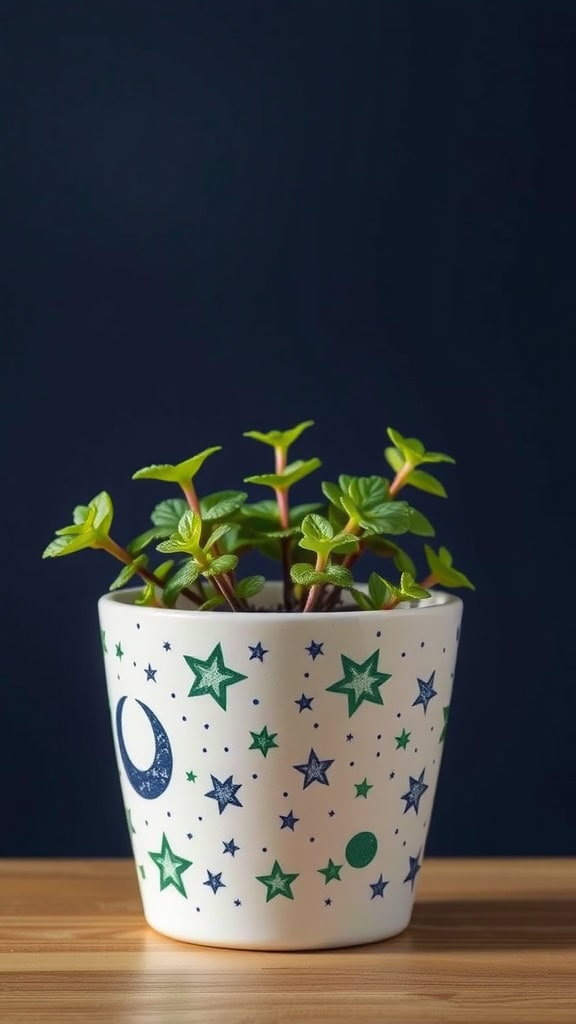 Ceramic plant pot decorated with stars and moons, containing a small green plant.